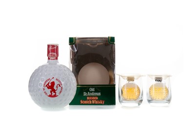 Lot 270 - OLD ST ANDREWS GOLF BALL DECANTER 75cl AND 2 MINIATURES WITH GLASSES