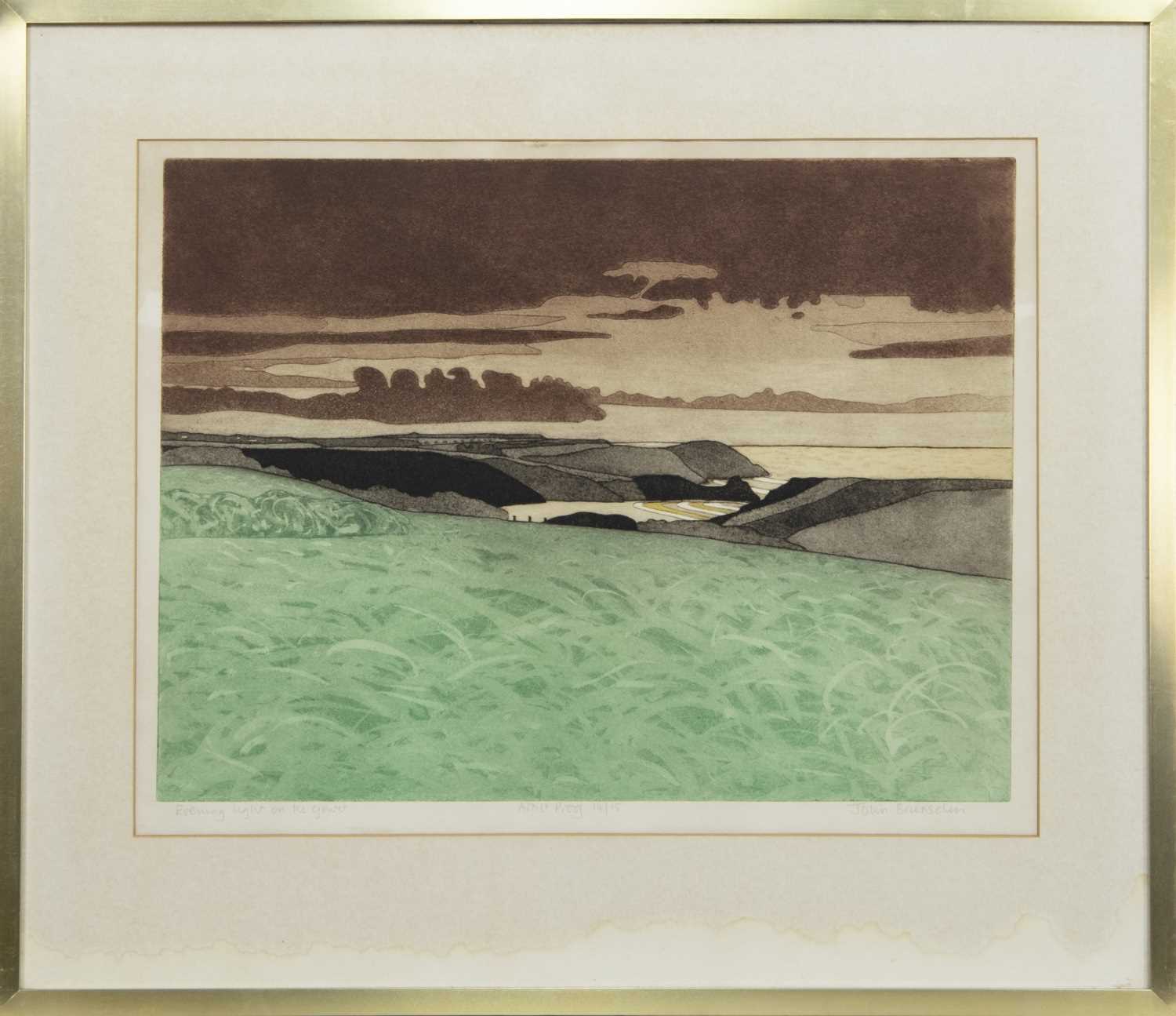 Lot 323 - EVENING LIGHT ON THE GOWER, AN ETCHING BY JOHN BRUNSDON