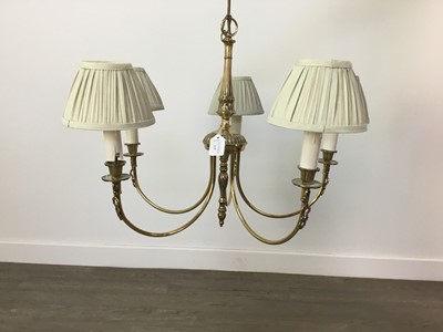 Lot 168 - A BRASS FIVE BRANCH CHANDELIER AND OTHER CEILING LIGHT FITTINGS