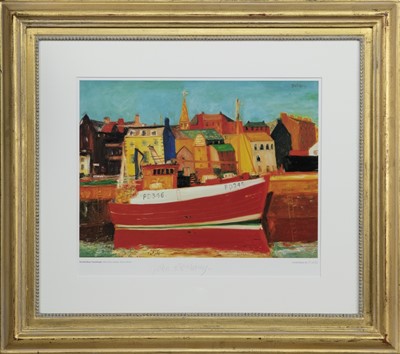 Lot 338 - THE RED BOAT, FRASERBURGH, A PRINT BY JOHN BELLANY