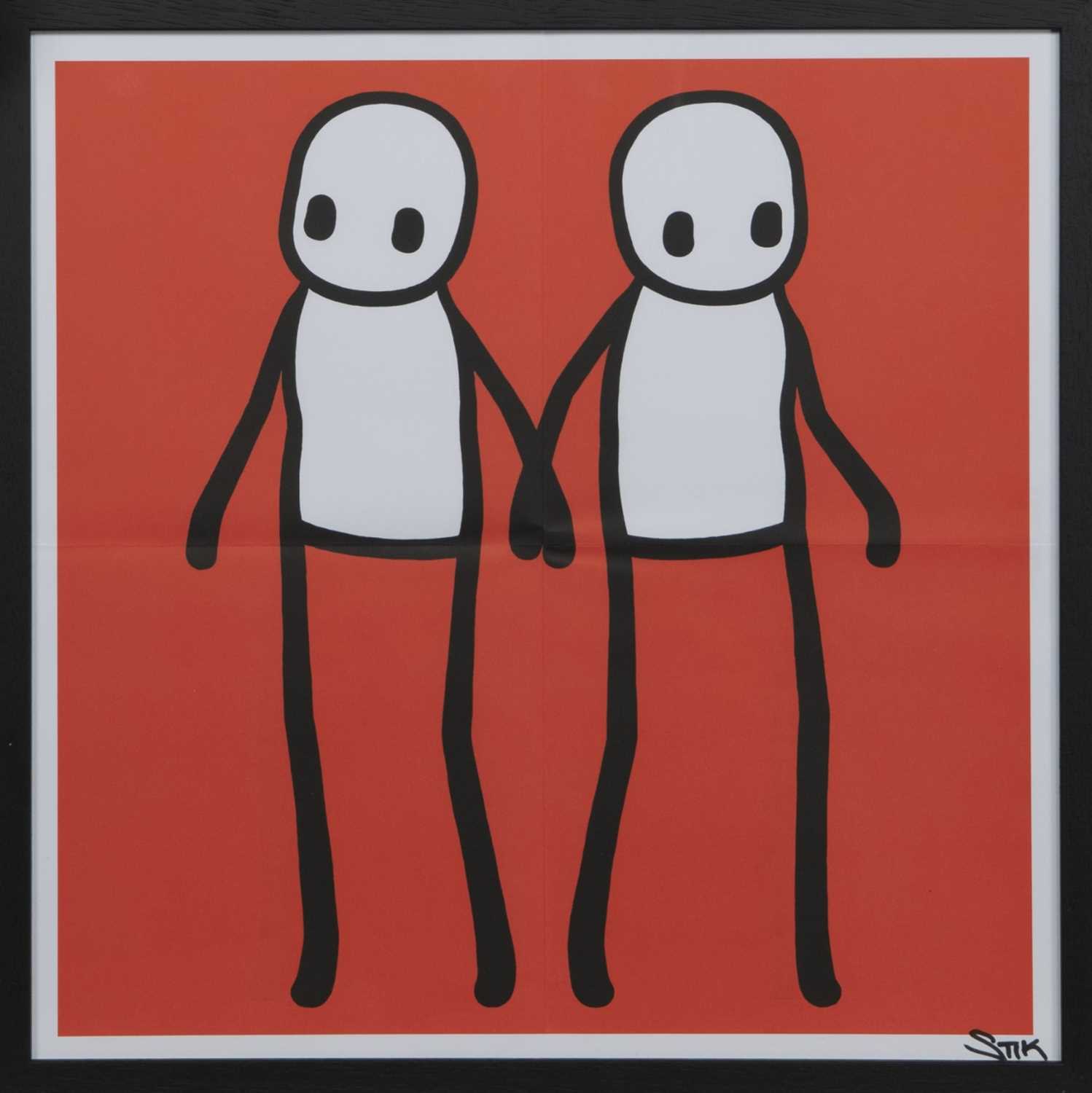 Lot 159 - HOLDING HANDS (RED, ORANGE, YELLOW, BLUE & TEAL), LITHOGRAPHS BY STIK