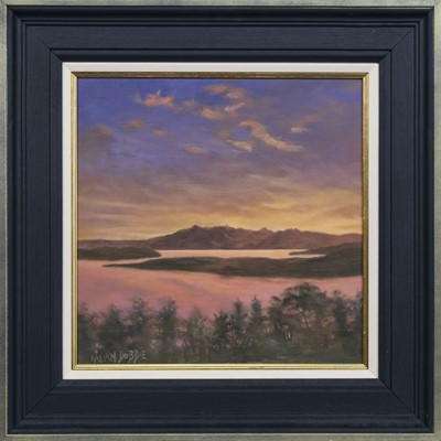 Lot 378 - ARRAN AND THE CUMBRAES FROM HAYLIE BRAE, TWILIGHT, AN OIL BY WILLIAM DOBBIE