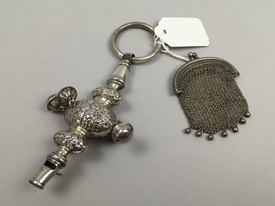 Lot 1 - A SILVER RATTLE AND A PLATED COIN PURSE