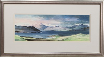 Lot 377 - BEN SGRIOL FROM LOCH SLAPIN, ISLE OF SKYE, A WATERCOLOUR BY TOM SHANKS