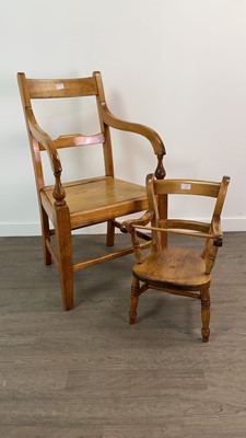 Lot 412 - A CHILD'S OAK CHAIR ALONG WITH A 19TH CENTURY CARVER CHAIR