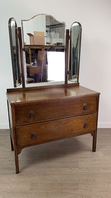 Lot 416 - AN OAK DRESSING CHEST, CUPBOARD CHEST, BEDSIDE CABINET AND A STOOL