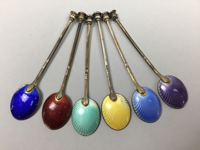 Lot 430 - A SET OF SIX SILVER GILT AND ENAMELLED COFFEE SPOONS AND OTHERS