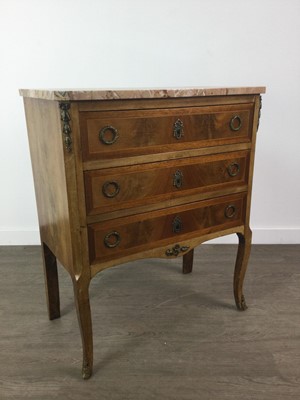 Lot 878 - A WALNUT THREE DRAWER SIDE TABLE IN THE FRENCH TASTE