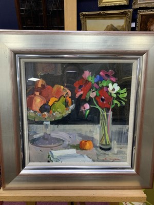Lot 226 - ANEMONES AND FRUIT, AN OIL BY JOHN CUNNINGHAM