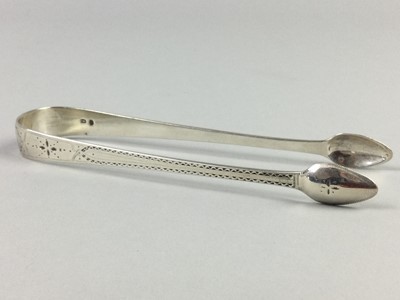 Lot 62 - A PAIR OF LATE GEORGIAN SILVER SUGAR TONGS, ALONG WITH OTHER SILVER AND PLATE