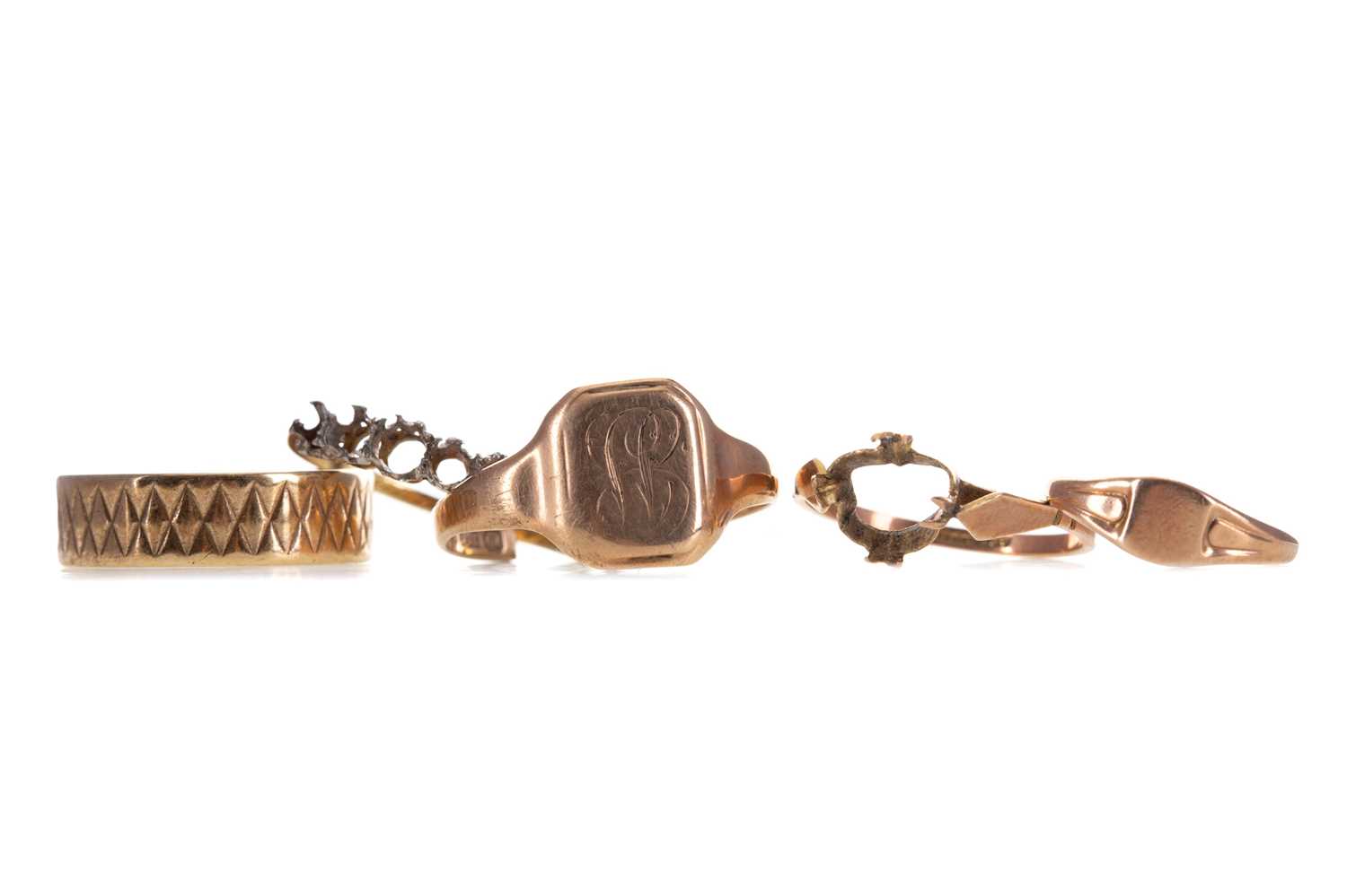Lot 1111 - A WEDDING RING, TWO SIGNET RINGS AND TWO