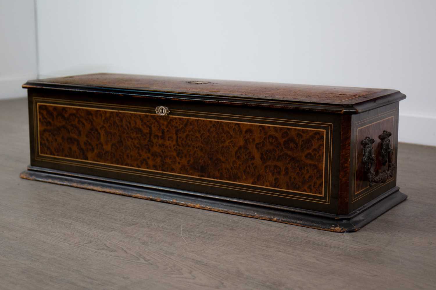 Lot 651 - A LARGE VICTORIAN BURR WALNUT AND EBONISED CYLINDER MUSIC BOX