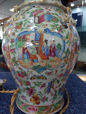 Lot 1070 - A CHINESE CANTON FAMILLE ROSE BALUSTER VASE LAMP