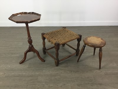 Lot 151 - AN EARLY 20TH CENTURY MILKING STOOL, ALONG WITH ANOTHER STOOL AND WINE TABLE