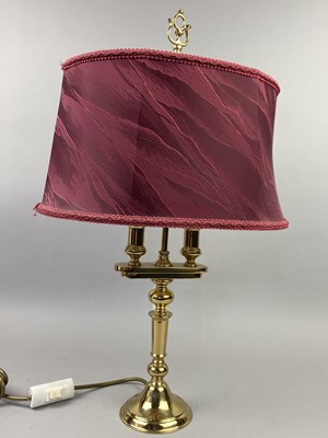 Lot 154 - A BRASS TWO BRANCH TABLE LAMP WITH SHADE
