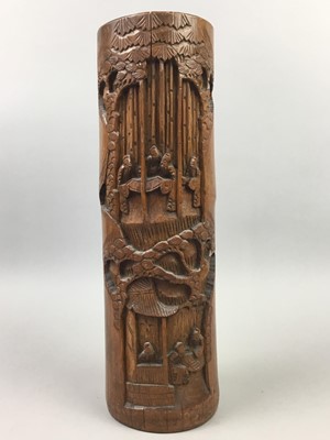 Lot 199 - AN EARLY 20TH CENTURY CHINESE BAMBOO VASE, A PLANTER AND HARDWOOD STANDS