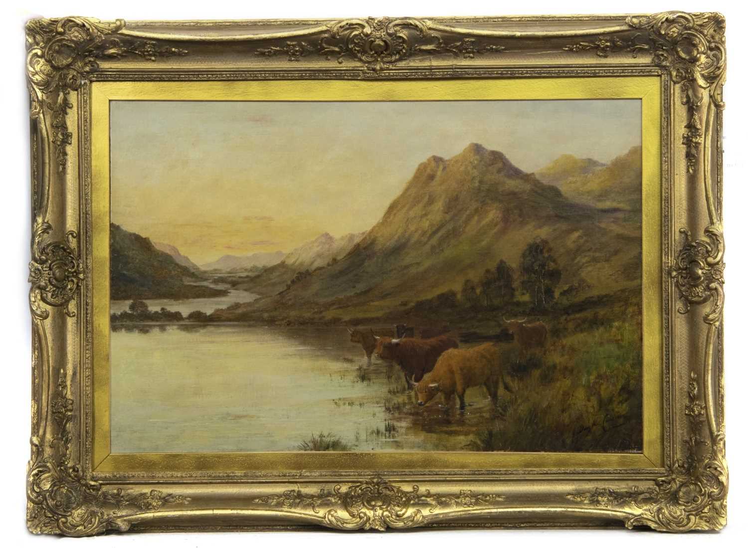 Lot 306 - HIGHLAND CATTLE IN A SCOTTISH LANDSCAPE, AN OIL BY DOUGLAS CAMERON