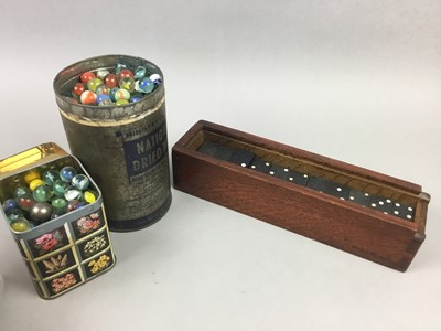 Lot 232 - A GROUP OF VINTAGE GLASS MARBES ALONG WITH LEGO AND DOMINOES