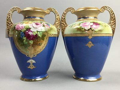Lot 86 - A PAIR OF NORITAKE TWIN-HANDLED VASES ALONG WITH ANOTHER VASE