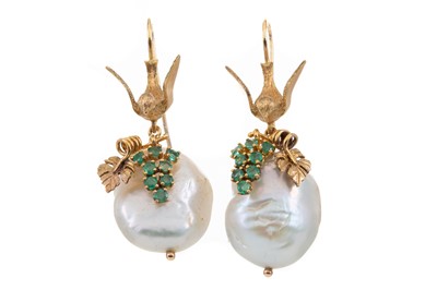 Lot 1149 - AN IMPRESSIVE PAIR OF PEARL AND EMERALD EARRINGS