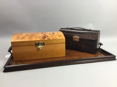 Lot 315 - A RECTANGULAR WOODEN SERVING TRAY, JEWELLERY BOX AND TOILET SET