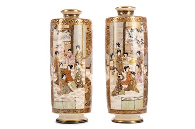 Lot 1057 - A PAIR OF JAPANESE SATSUMA CYLINDRICAL VASES