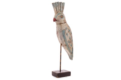 Lot 1062 - AN INDIAN CARVED AND PAINTED WOODEN COCKATOO SCULPTURE