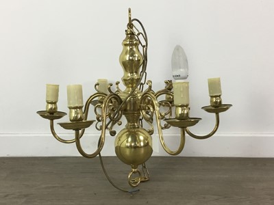 Lot 410 - A BRASS FIVE-BRANCH CHANDELIER