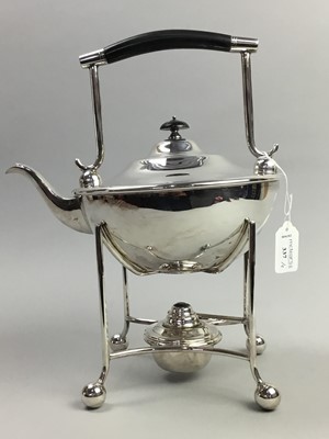 Lot 337 - A SILVER PLATED SPIRIT KETTLE AND A POCKET WATCH STAND