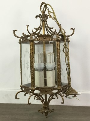 Lot 416 - A BRASSED HEXAGONAL HALL LANTERN