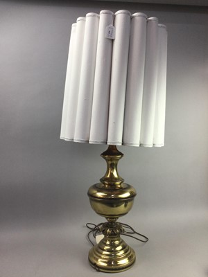 Lot 346 - A LARGE PAIR OF BRASS TABLE LAMPS AND SHADES
