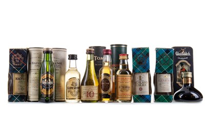 Lot 53 - 14 ASSORTED WHISKY MINIATURES - INCLUDING BALVENIE 10 YEAR OLD FOUNDER'S RESERVE COGNAC BOTTLE