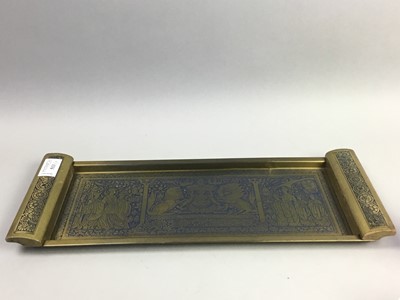 Lot 513 - A BRASS RECTANGULAR TRAY, PAPERWEIGHTS AND GLASS ITEMS