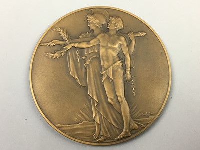 Lot 519 - A  BAS RELIEF ARMISTICE MEDALLION, A BRASS LETTER OPENER AND A MODERN SEAL