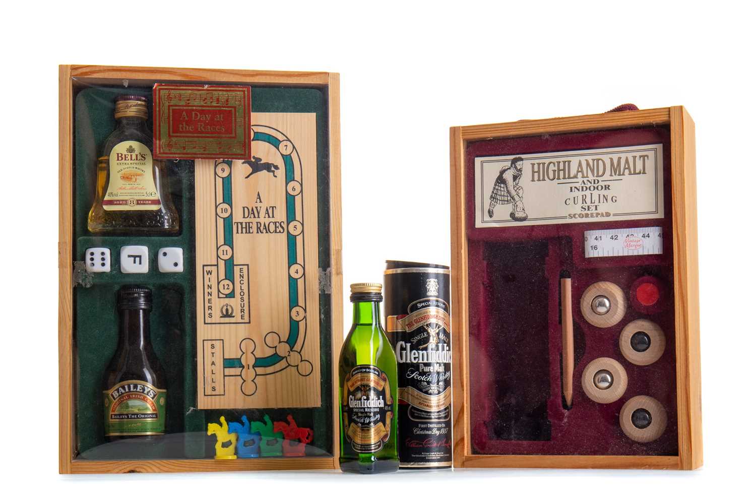 Lot 79 - GLENFIDDICH MINIATURE INDOOR CURLING SET AND "A DAY AT THE RACES" SET WITH BELL'S AND BAILEY'S MINIS