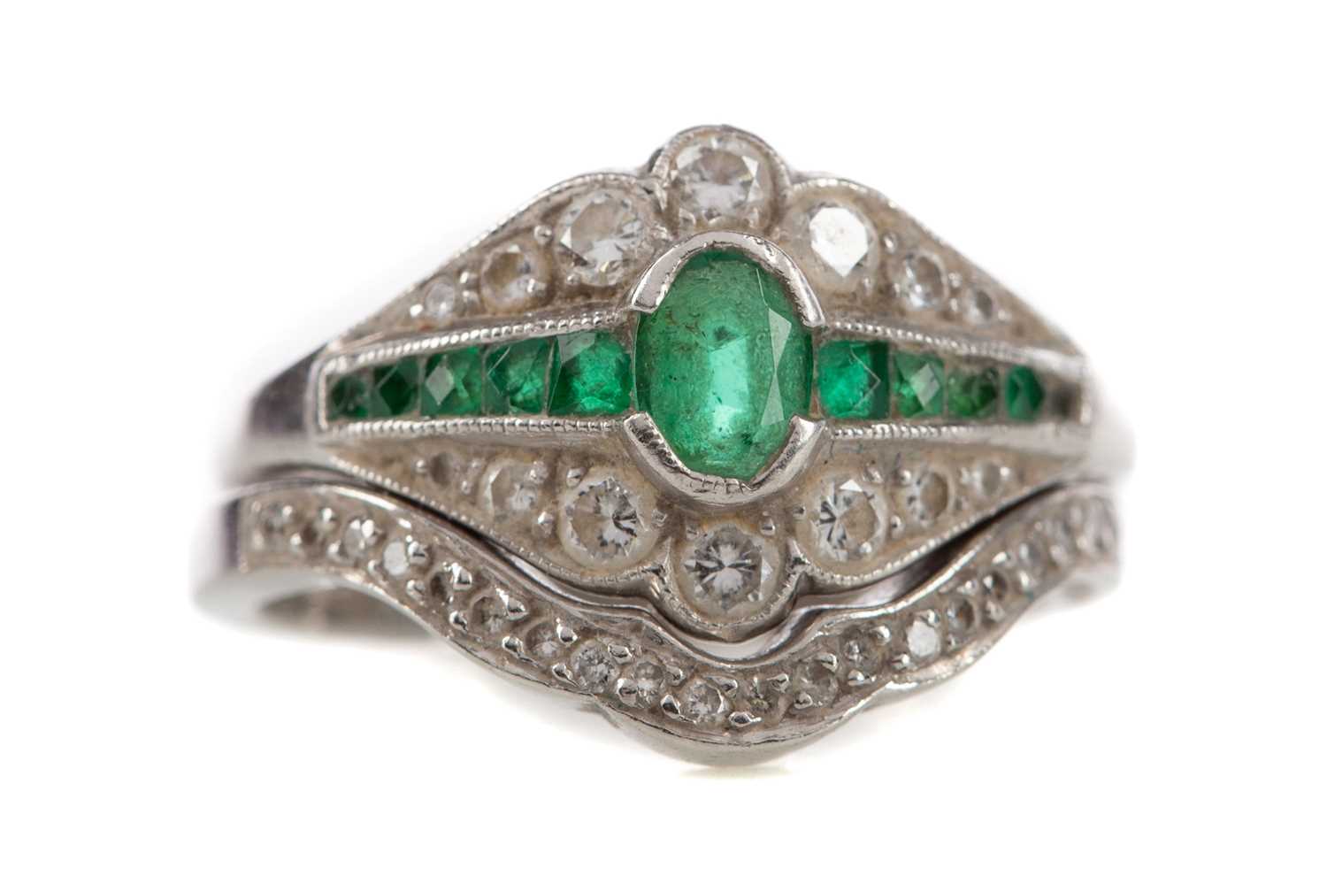Lot 1228 - AN EMERALD AND DIAMOND RING ALONG WITH A DIAMOND BAND