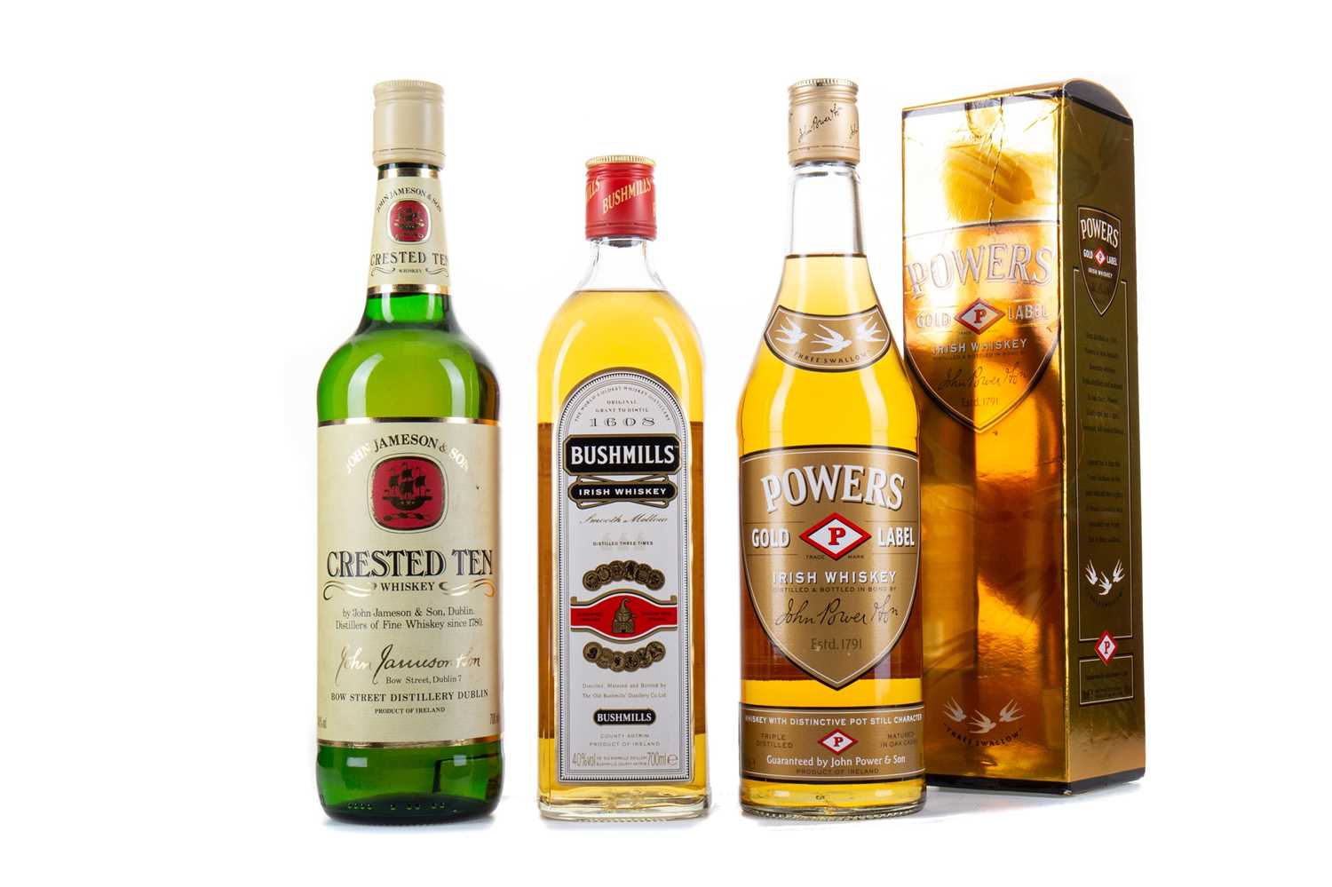 Lot 150 - 3 BOTTLES OF IRISH WHISKEY - POWERS GOLD LABEL, BUSHMILLS AND JAMESON CRESTED TEN