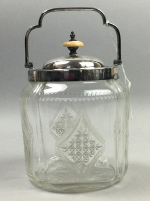 Lot 574 - A VICTORIAN SILVER PLATED AND CUT GLASS BISCUIT BARREL