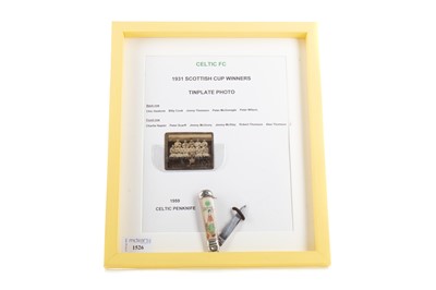 Lot 1526 - A CELTIC F.C. TINPLATE PHOTO AND PENKNIFE