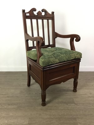 Lot 594 - A MAHOGANY OPEN ELBOW CHAIR AND A SEWING BOX