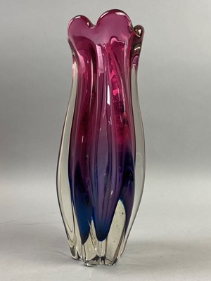 Lot 595 - A PAIR OF COLOURED GLASS VASES AND OTHER COLOURED GLASS