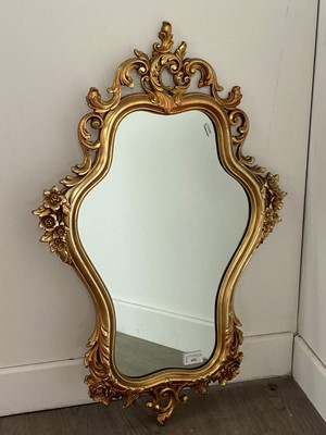 Lot 600 - A GILT FRAMED WALL MIRROR AND A DOLLS CHAIR