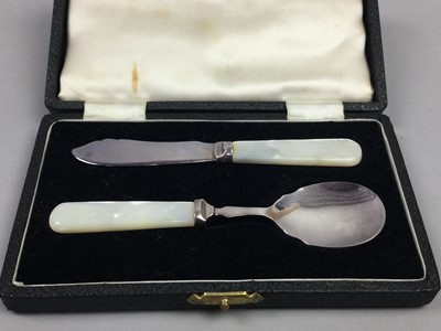 Lot 30 - A LOT OF SILVER SALT DISHES, PLATED TABLE LIGHTER AND SPOON AND KNIFE SET