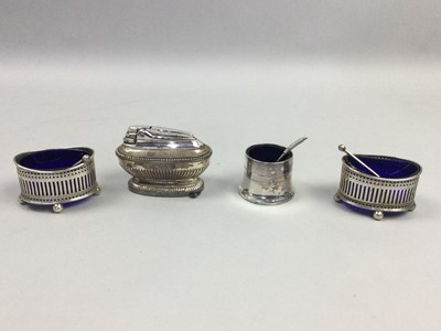 Lot 30 - A LOT OF SILVER SALT DISHES, PLATED TABLE LIGHTER AND SPOON AND KNIFE SET