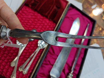Lot 41 - A VICTORIAN CARVING SET ALONG WITH FOUR SILVER TEASPOONS