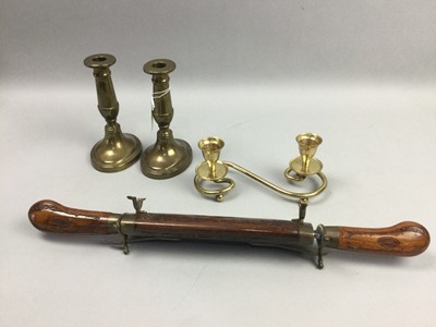 Lot 63 - A HORN, A PAIR OF CANDLESTICKS AND CARVING SET