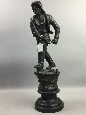 Lot 209 - A BRONZED SPELTER FIGURE OF A FISHERMAN AND A VASE
