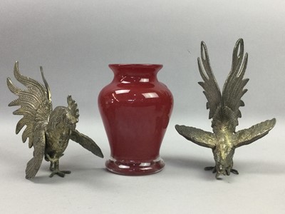 Lot 213 - A MALAYSIAN HANDICRAFT CERAMIC GROTESQUE ANIMALS, ALONG WITH A PAIR OF COCKRELS AND A VASE