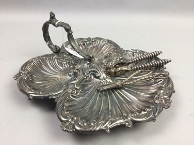 Lot 228 - A VICTORIAN PLATED THREE DIVISION SERVING DISH AND OTHER PLATED OBJECTS