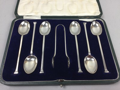 Lot 233 - A SET OF SIX SILVER COFFEE SPOONS AND TONGS, AND OTHER FLAT WARE